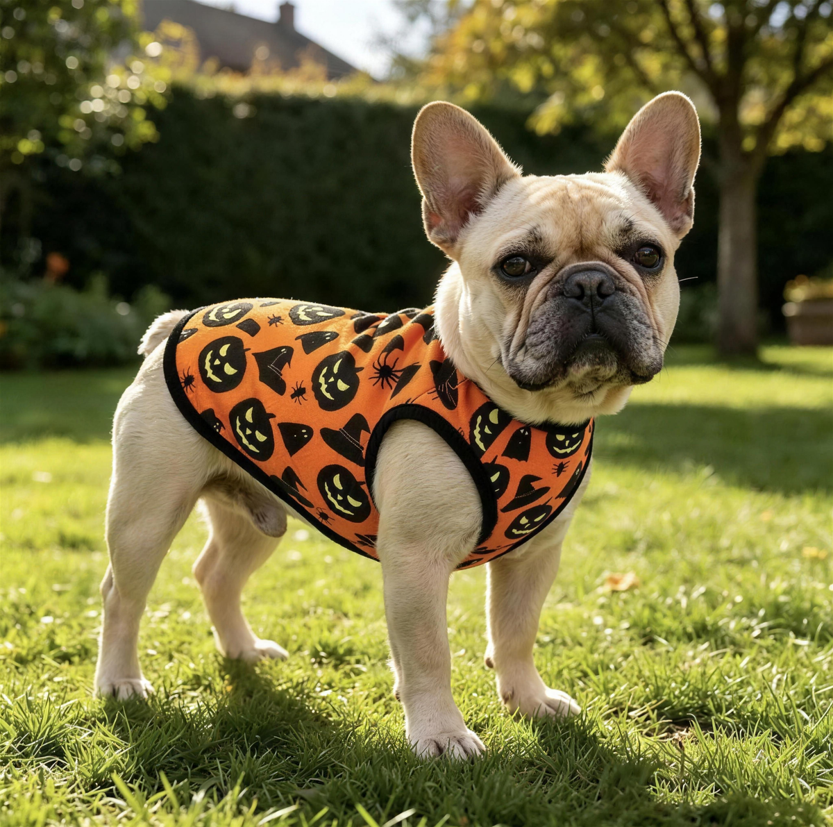 French Bulldog wearing Purrabode Halloween pumpkin pet costume outdoors