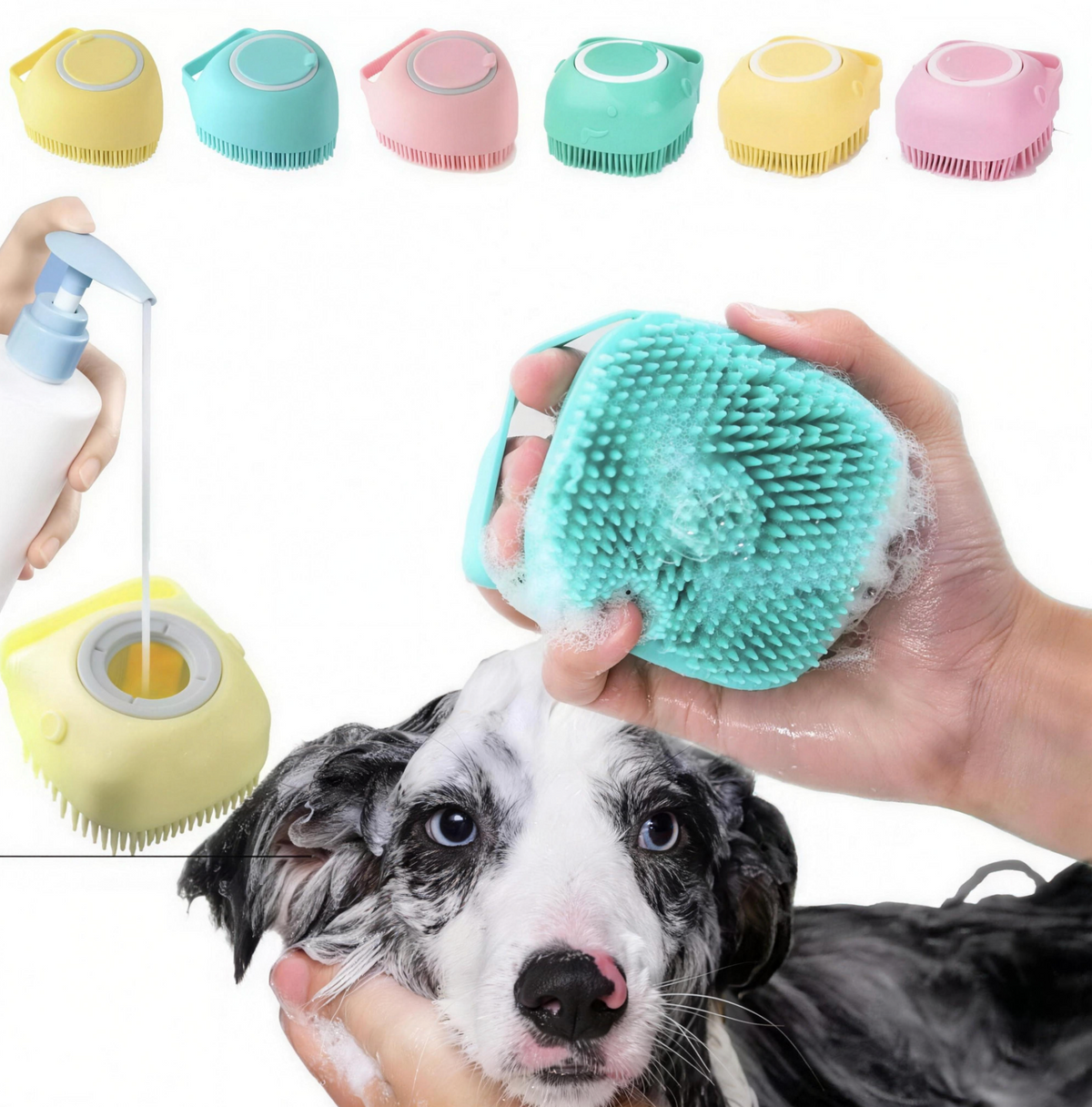 Pet bath brush colors and shampoo demonstration