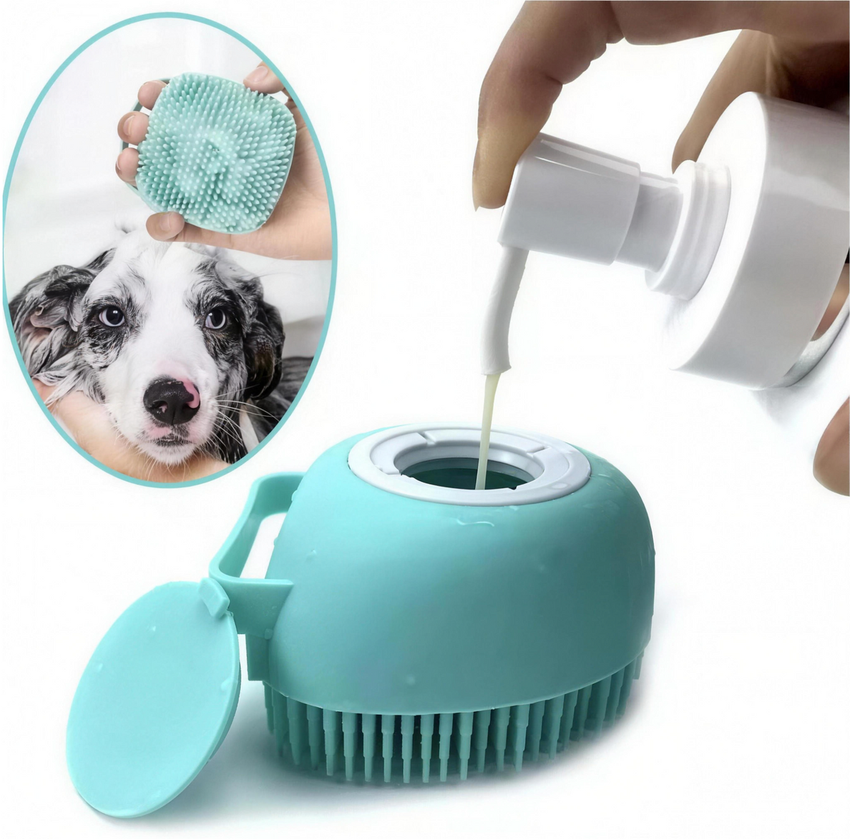 Refilling the pet bath brush shampoo compartment